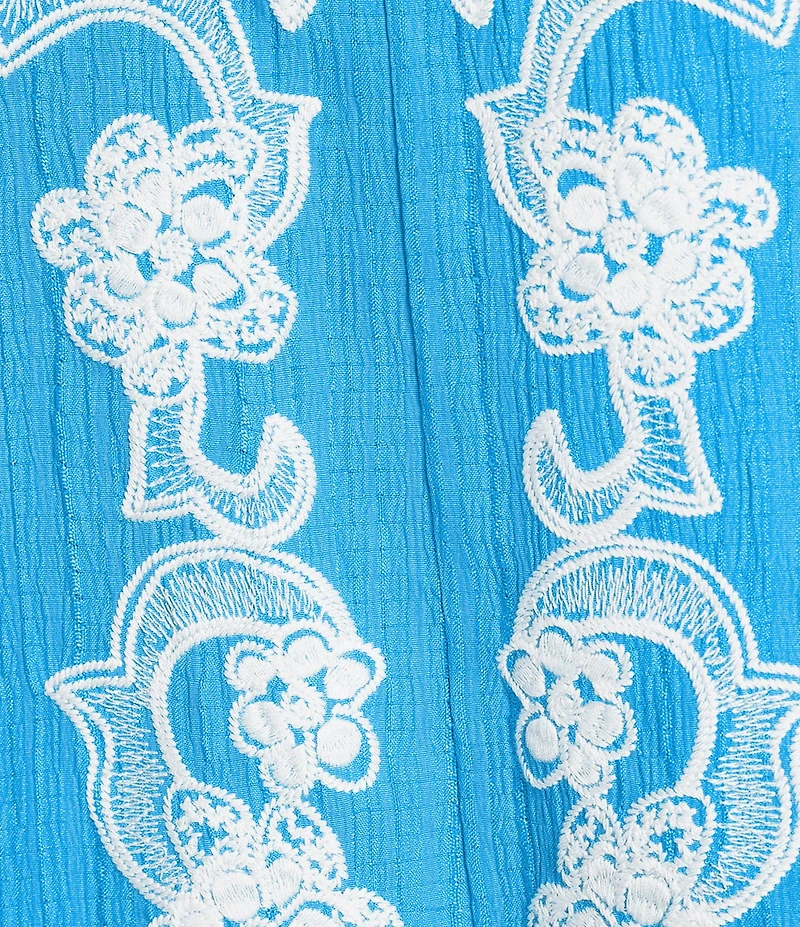 Calessa Embroidered Split V-Neck Short Raglan Puff Sleeve Tunic