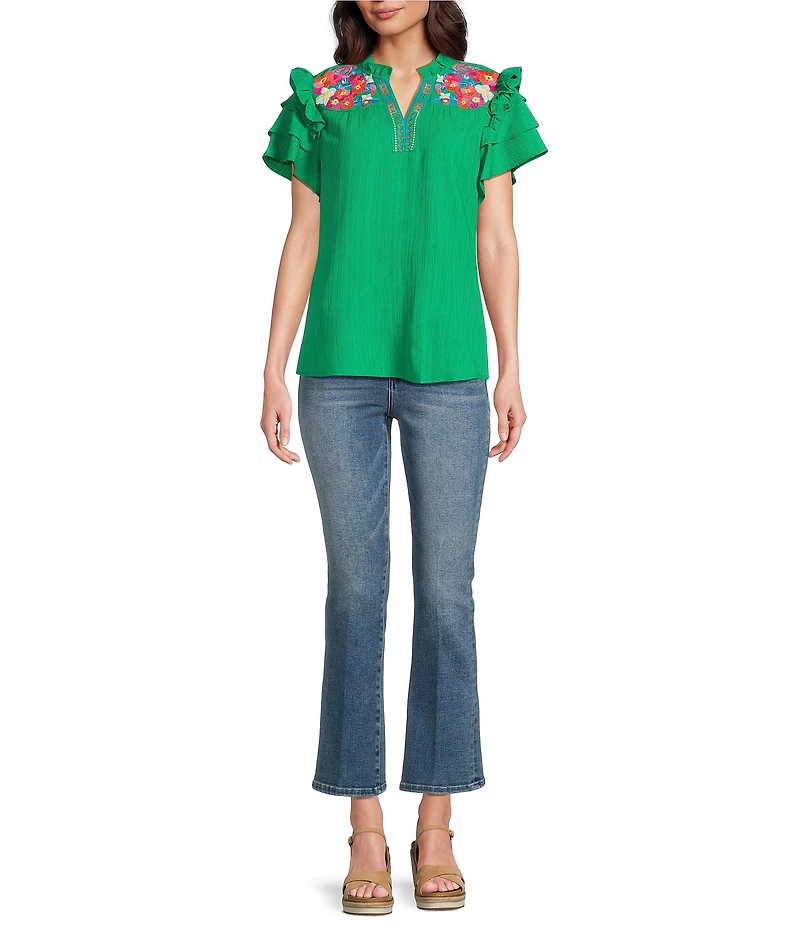 Calessa Embroidered Floral Split V-Neck Short Ruffle Sleeve Tunic