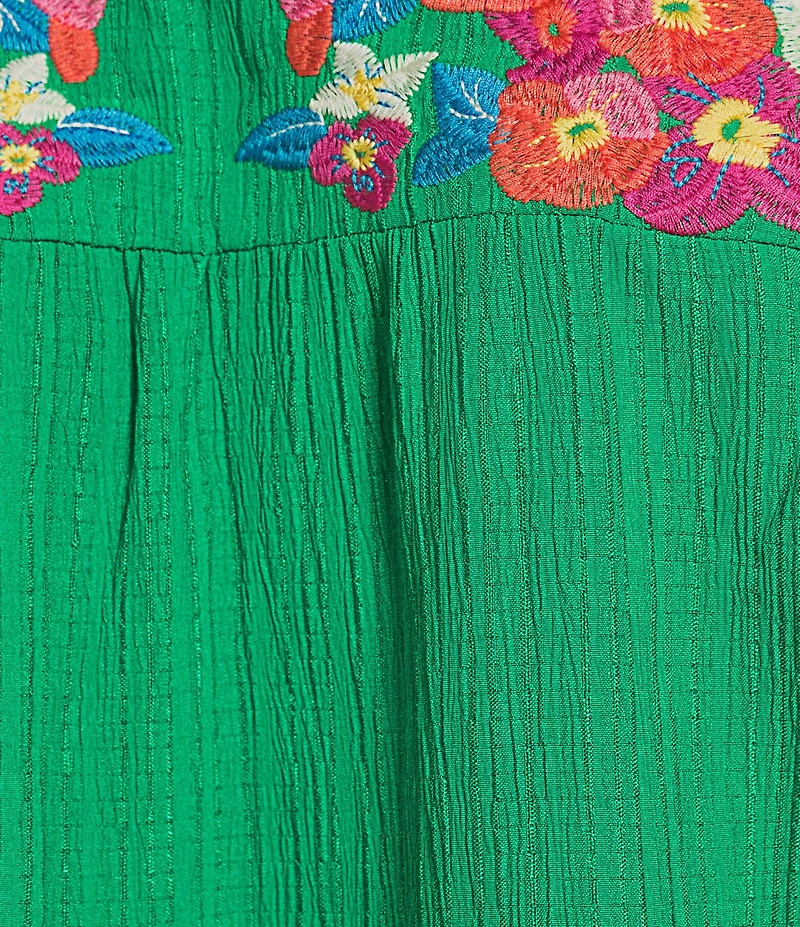 Calessa Embroidered Floral Split V-Neck Short Ruffle Sleeve Tunic
