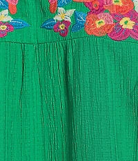 Calessa Embroidered Floral Split V-Neck Short Ruffle Sleeve Tunic