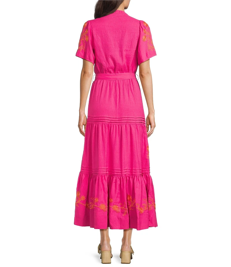 Calessa Embroidered Split V-Neck Short Sleeve Belted Maxi Dress