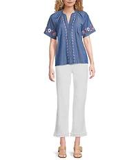 Calessa Embroidered Split V-Neck Short Sleeve Button Front Tunic