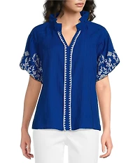 Calessa Embroidered Split V-Neck Short Sleeve Tunic