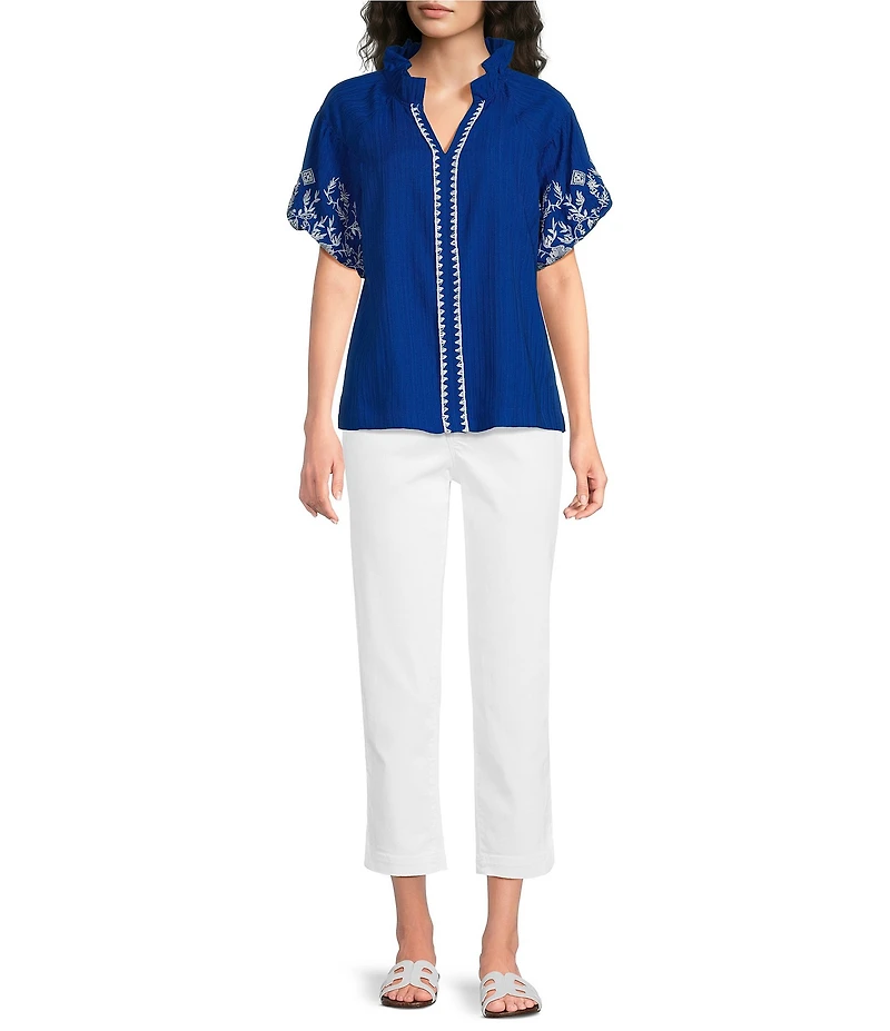 Calessa Embroidered Split V-Neck Short Sleeve Tunic