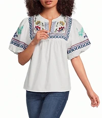 Calessa Embroidered Split V-Neck Short Sleeve Tunic