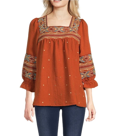 Calessa Embroidered Square Neck 3/4 Bell Sleeve Tunic