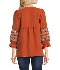 Calessa Embroidered Square Neck 3/4 Bell Sleeve Tunic