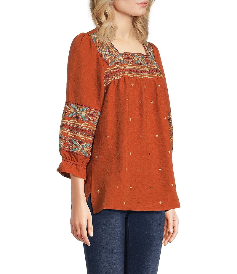 Calessa Embroidered Square Neck 3/4 Bell Sleeve Tunic