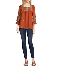Calessa Embroidered Square Neck 3/4 Bell Sleeve Tunic