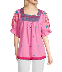 Calessa Embroidered Square Neck Short Sleeve Top