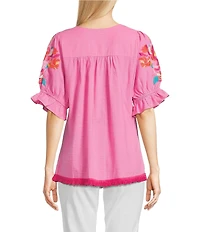 Calessa Embroidered Square Neck Short Sleeve Top