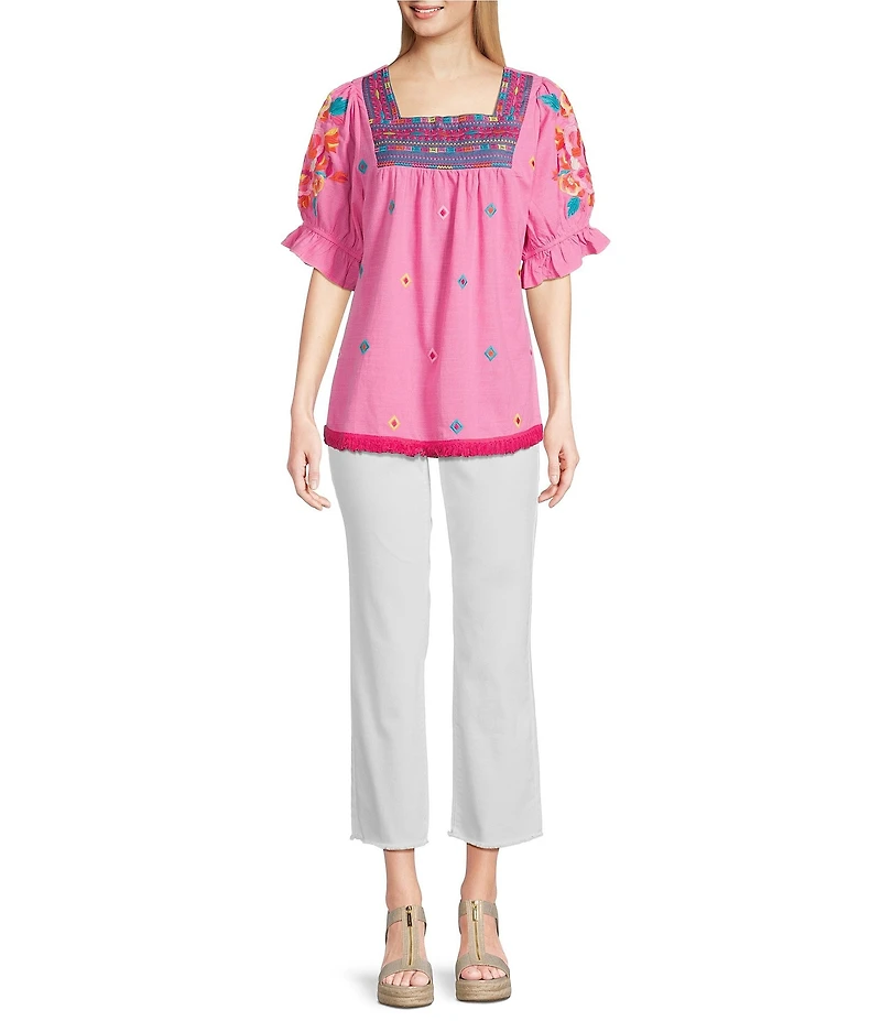 Calessa Embroidered Square Neck Short Sleeve Top