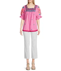Calessa Embroidered Square Neck Short Sleeve Top