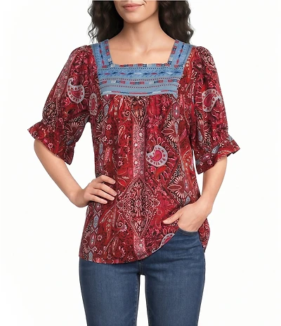 Calessa Embroidered Square Neck Short Sleeve Tunic