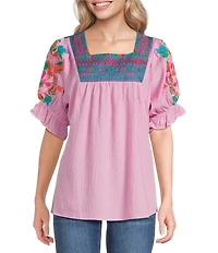 Calessa Embroidered Square Neck Short Sleeve Tunic