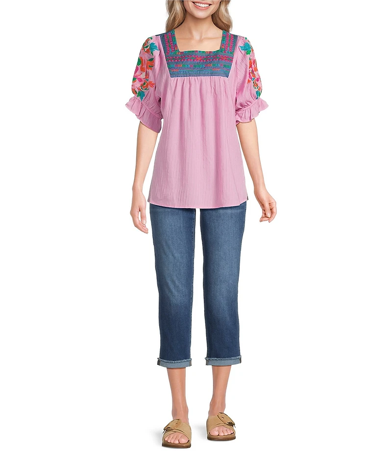 Calessa Embroidered Square Neck Short Sleeve Tunic