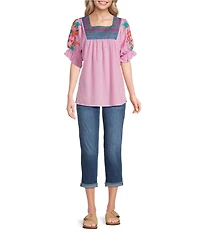 Calessa Embroidered Square Neck Short Sleeve Tunic