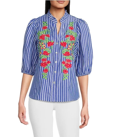 Calessa Embroidered Stripe High Ruffle Split V-Neck Elbow Sleeve Button Front Tunic