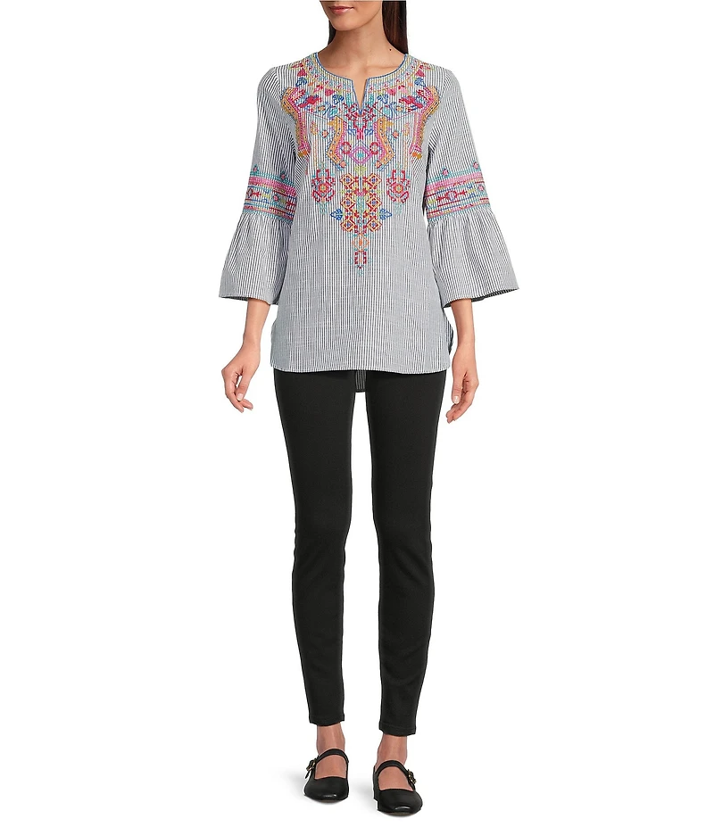 Calessa Embroidered Stripe Patchwork Round Split V-Neck 3/4 Sleeve Tunic