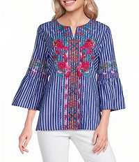 Calessa Embroidered Stripe Split Round Neck 3/4 Sleeve Tunic