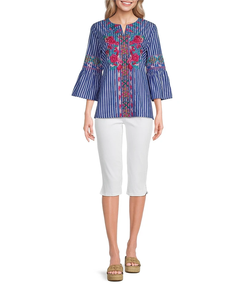 Calessa Embroidered Stripe Split Round Neck 3/4 Sleeve Tunic