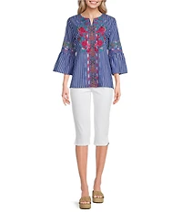 Calessa Embroidered Stripe Split Round Neck 3/4 Sleeve Tunic