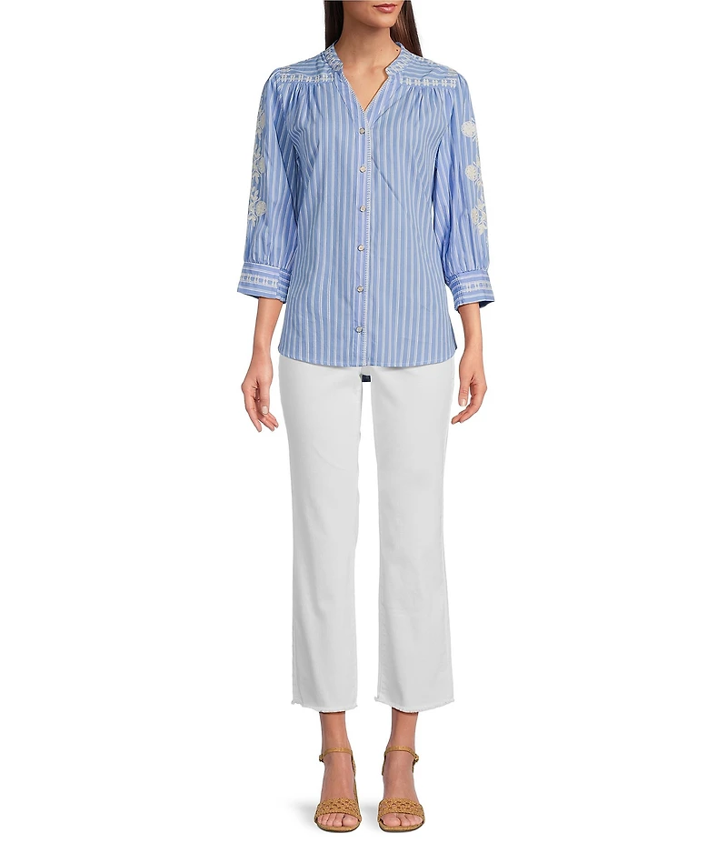 Calessa Embroidered Stripe Split V-Neck 3/4 Sleeve Button Front Shirt
