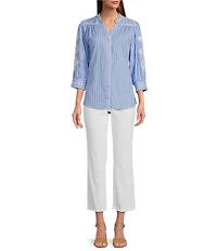 Calessa Embroidered Stripe Split V-Neck 3/4 Sleeve Button Front Shirt