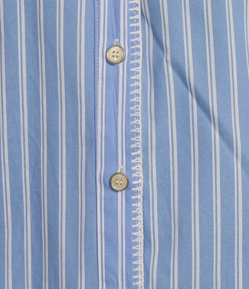 Calessa Embroidered Stripe Split V-Neck 3/4 Sleeve Button Front Shirt
