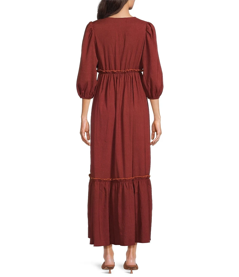 Calessa Embroidered V-Neck 3/4 Puff Sleeve Tiered Tassel Tie Front Midi Dress