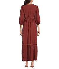 Calessa Embroidered V-Neck 3/4 Puff Sleeve Tiered Tassel Tie Front Midi Dress