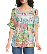 Calessa Embroidered V-Neck Cap Ruffle Sleeve Tunic