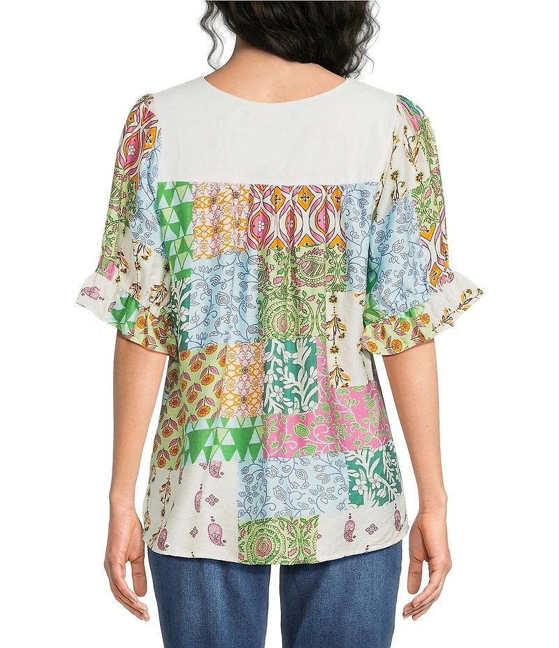 Calessa Embroidered V-Neck Cap Ruffle Sleeve Tunic