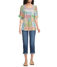 Calessa Embroidered V-Neck Cap Ruffle Sleeve Tunic