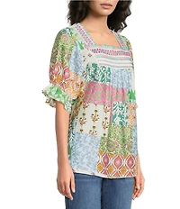 Calessa Embroidered V-Neck Cap Ruffle Sleeve Tunic