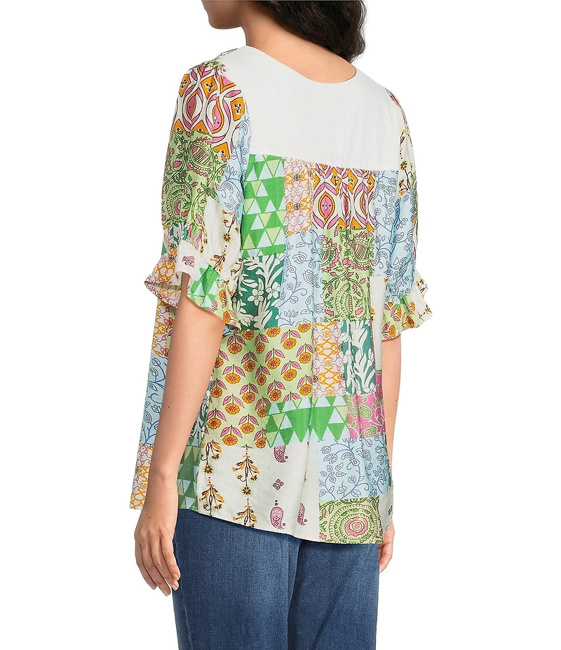 Calessa Embroidered V-Neck Cap Ruffle Sleeve Tunic