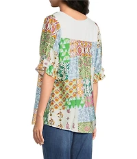Calessa Embroidered V-Neck Cap Ruffle Sleeve Tunic