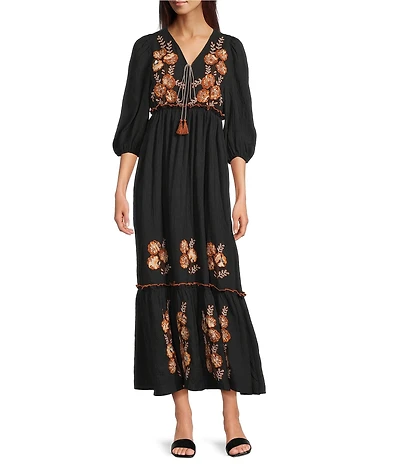Calessa Embroidered V-Neck Long Sleeve Tassel Tie Front Maxi Dress
