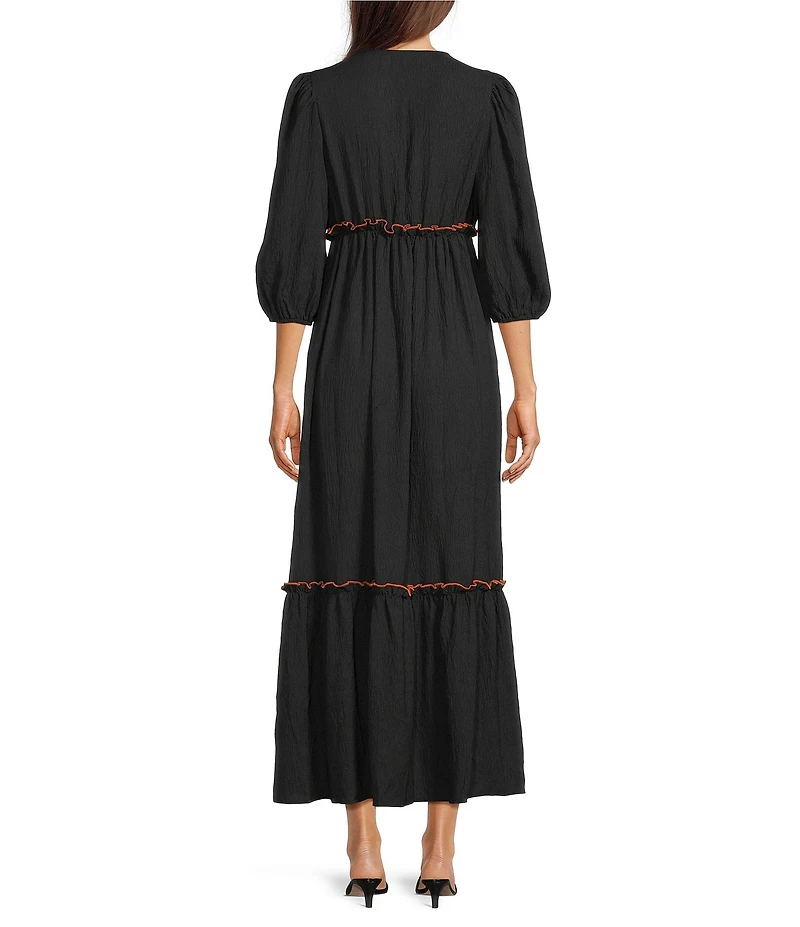 Calessa Embroidered V-Neck Long Sleeve Tassel Tie Front Maxi Dress