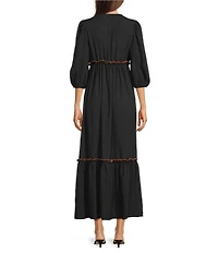 Calessa Embroidered V-Neck Long Sleeve Tassel Tie Front Maxi Dress