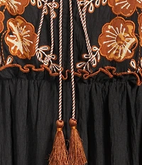 Calessa Embroidered V-Neck Long Sleeve Tassel Tie Front Maxi Dress