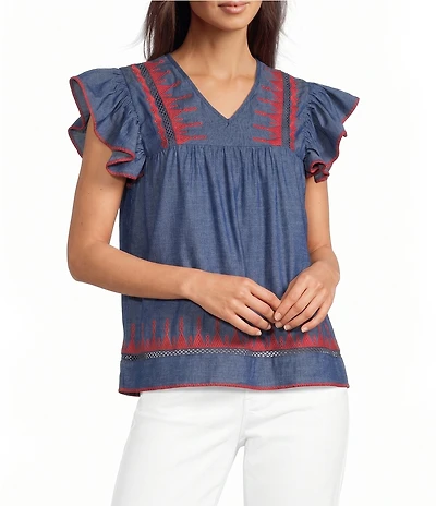 Calessa Embroidered V-Neck Ruffle Cap Sleeve Tunic