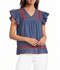 Calessa Embroidered V-Neck Ruffle Cap Sleeve Tunic