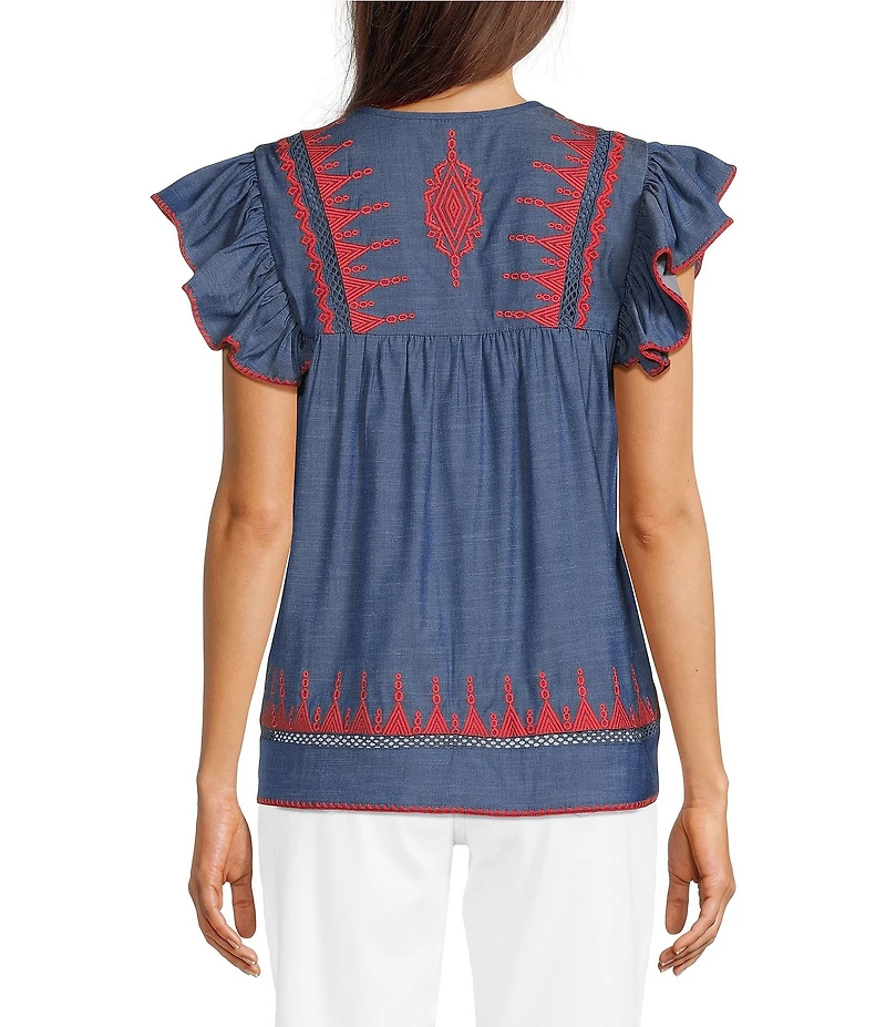 Calessa Embroidered V-Neck Ruffle Cap Sleeve Tunic