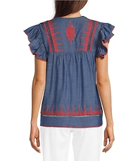 Calessa Embroidered V-Neck Ruffle Cap Sleeve Tunic