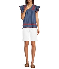 Calessa Embroidered V-Neck Ruffle Cap Sleeve Tunic