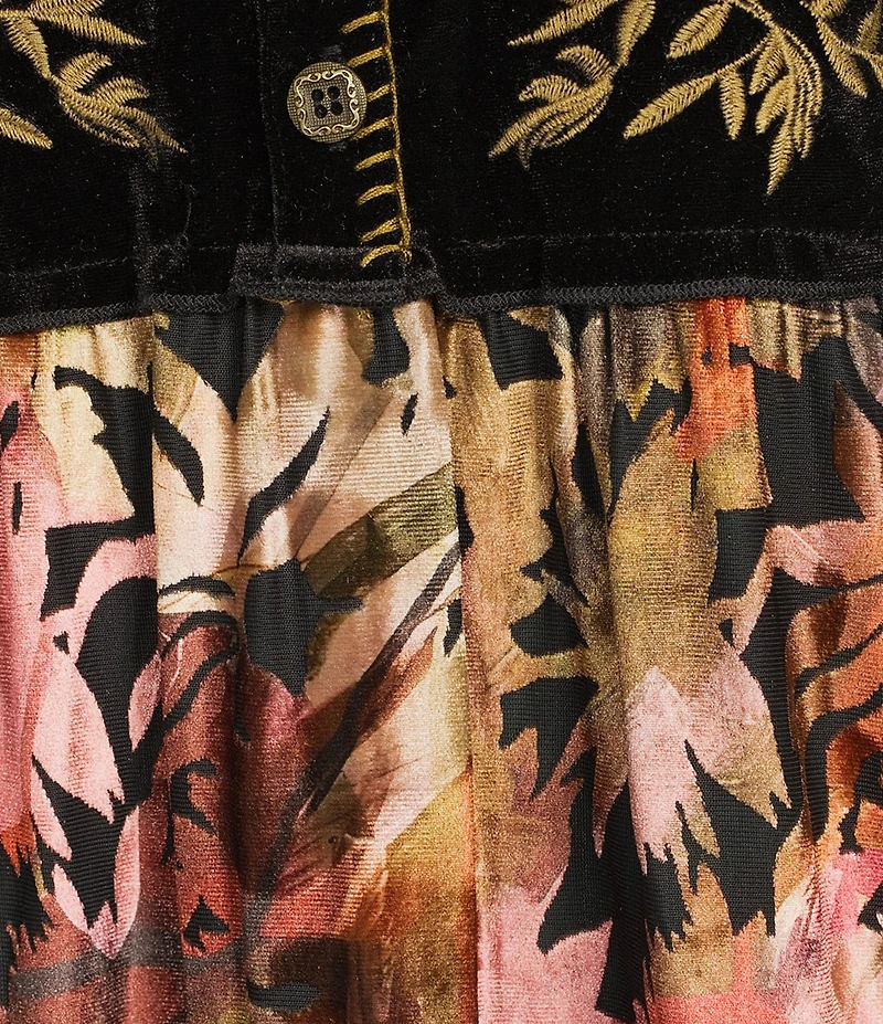 Calessa Embroidered Velvet Patchwork Split V- Neck 3/4 Sleeve Button Front Placket Tunic