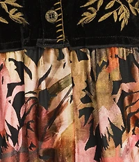 Calessa Embroidered Velvet Patchwork Split V- Neck 3/4 Sleeve Button Front Placket Tunic