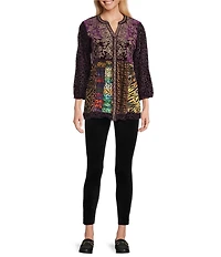 Calessa Embroidered Velvet Patchwork Split V-Neck 3/4 Sleeve Pullover Tunic
