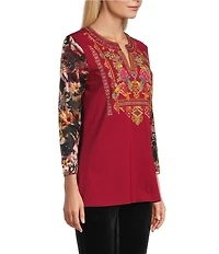 Calessa Embroidered Velvet Tie-Dye Knit Split V-Neck 3/4 Sleeve Tunic